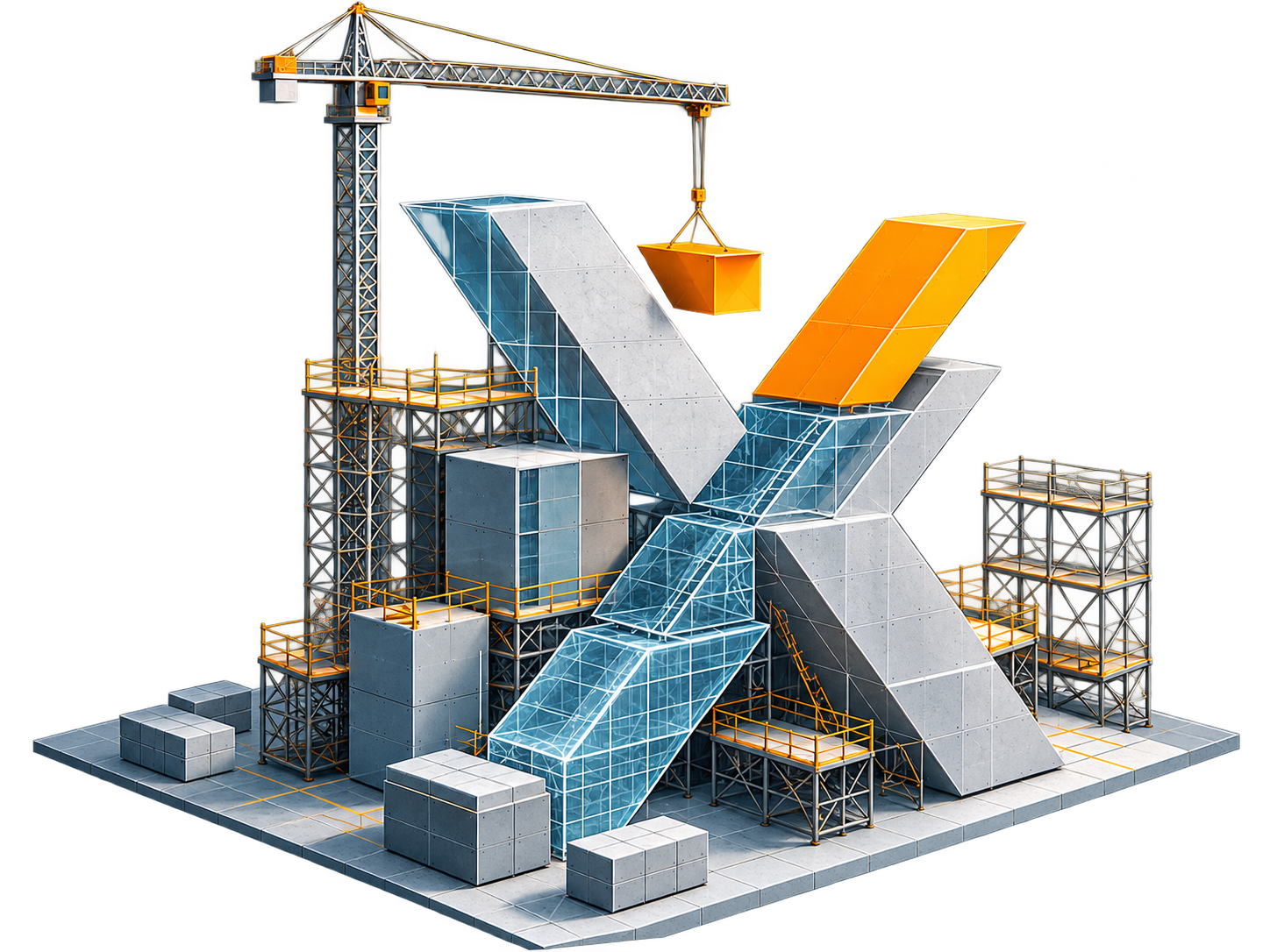 Una grúa construye la X de Phygital X con estructuras físicas y digitales